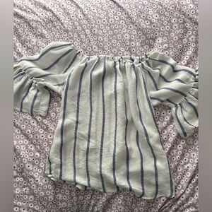 Olivaceous Off-Shoulder Blouse with Blue Stripes